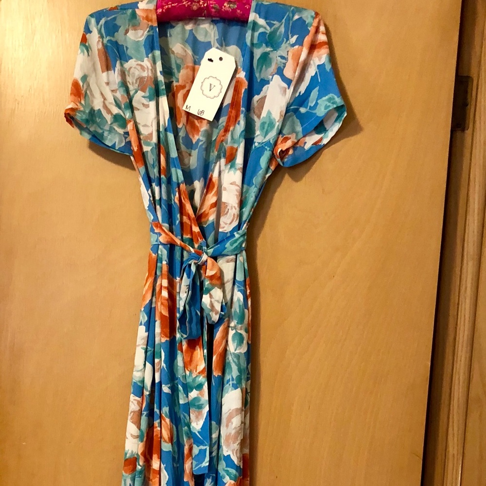 Sky-blue and flower wrap dress